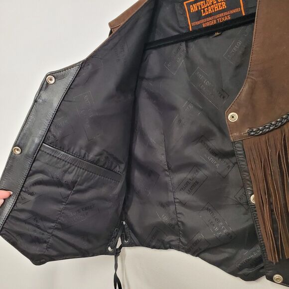 Antelope Creek Black Leather Brown Suede Fringe Western Biker Vest XL Conchos - Picture 6 of 10